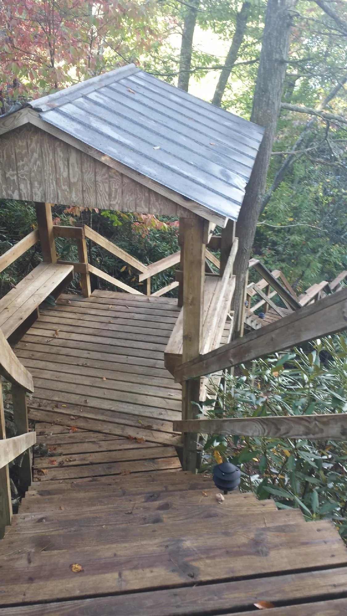 Metal roofed shelter over wooden steps on a wooded walkway — Skylight Repair & Installation work by our crew in Scotts Valley
